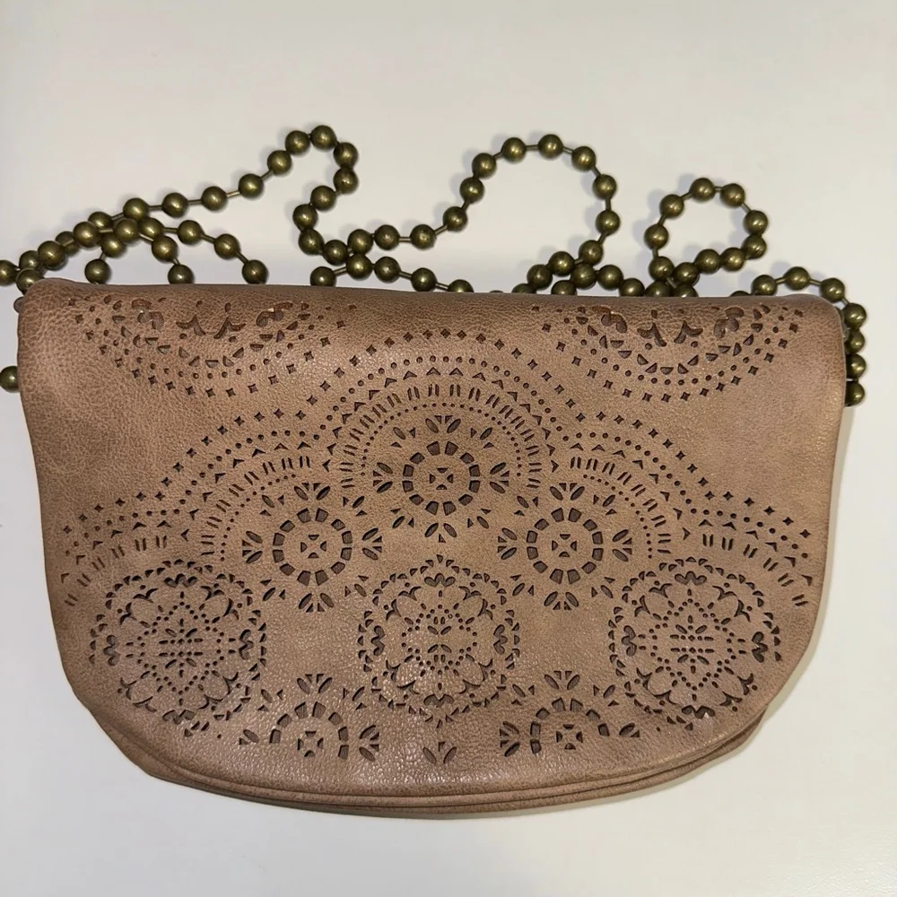 T-Shirt & Jeans Tan Laser Cut Crossbody Bag geometric ball chain strap purse